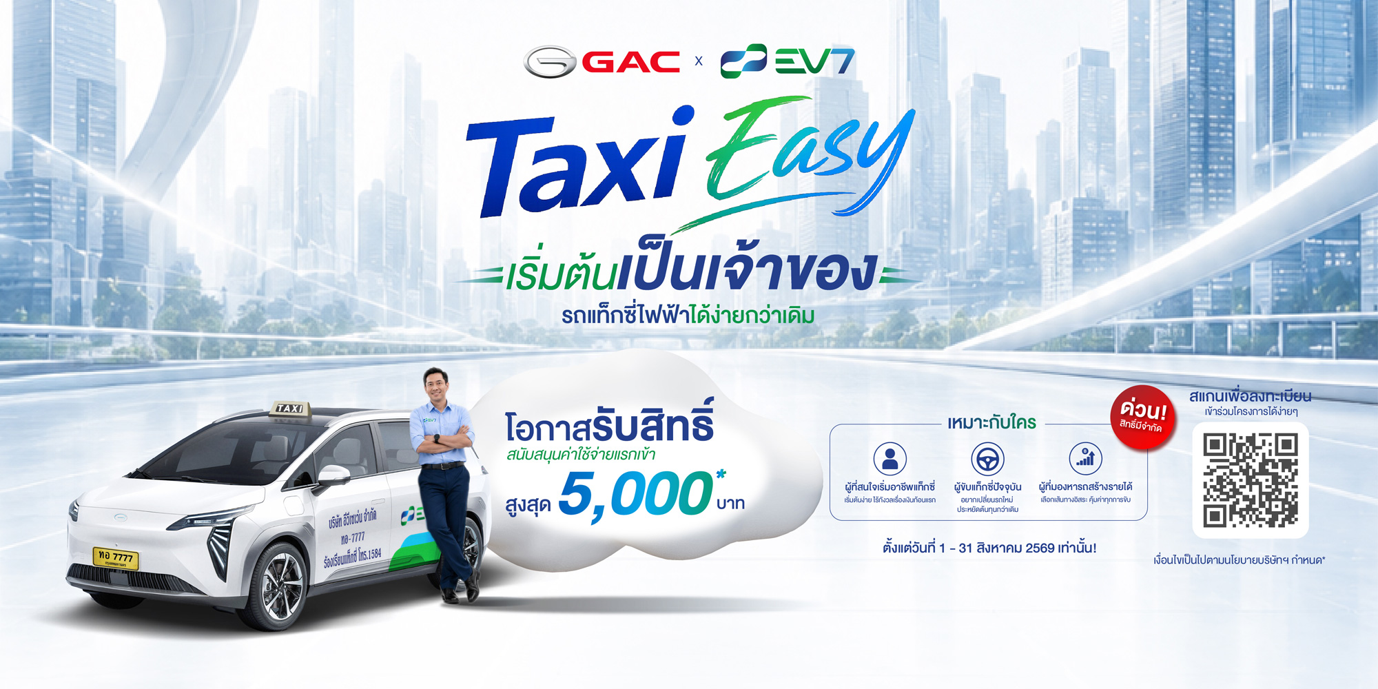 GAC Thailand ร่วมกับ EV7 เปิดแคมเปญ “Taxi Easy” เพิ่มทางเลือกสำหรับผู้สนใจประกอบอาชีพขับแท็กซี่ไฟฟ้า พร้อมสิทธิ์สนับสนุนสูงสุด 5,000 บาท*